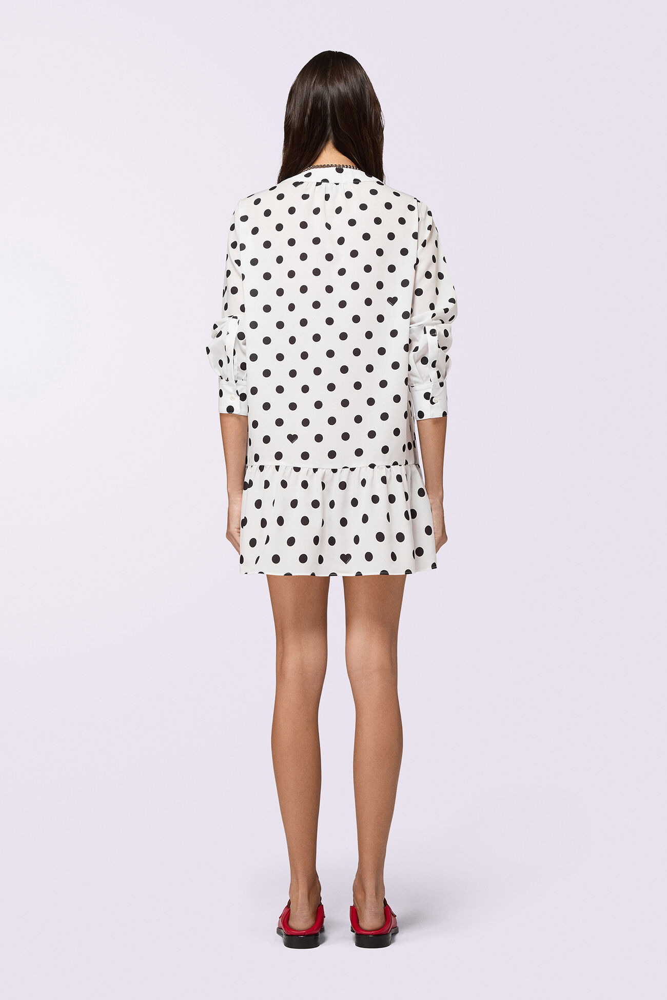 Polka Dot Crepe de Chine Ruffled Mini Dress White